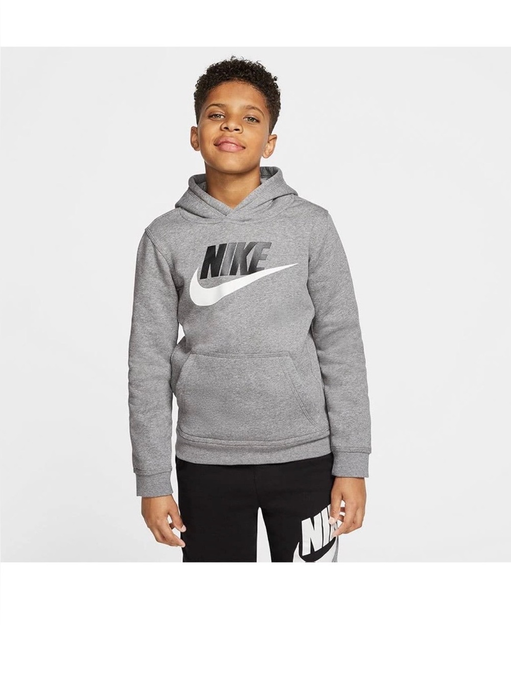 Kids Nike Grey Fleece Hoodie with Black and White Logo and Kangaroo Pocket